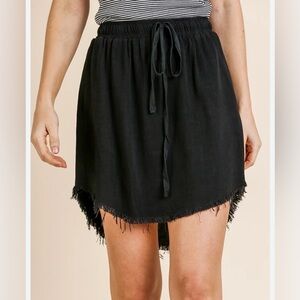 Umgee NEW Linen Fringe Hemline Mini Skirt Black Sz S Boho Grunge Western Indie